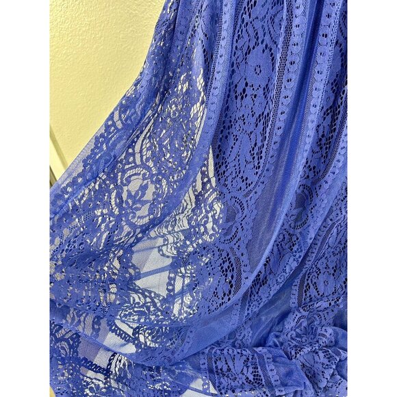 Merokeety Maxi Dress Lace Overlay Indigo Blue Boho Crochet Fringe Knit V Neck L - Picture 12 of 16